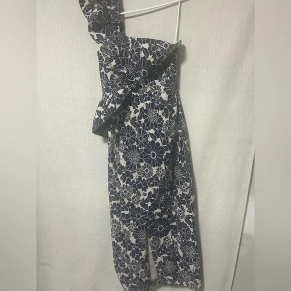 Anthropologie Navy and Cream Floral One-Shoulder Dress - Picture 7 of 7